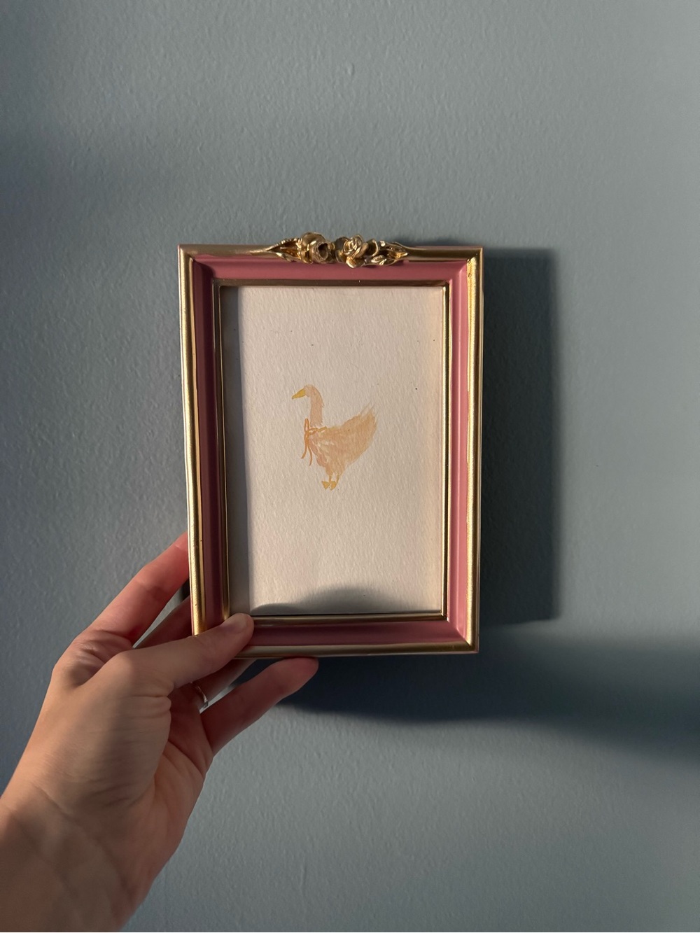 Neutral Beige Duck Watercolor Art in pink and gold frame